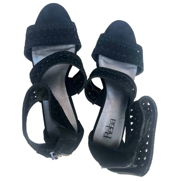 Reba Women’s Size 7 Baby Suede Open Toe Wedge Heels cut outs Leather Black - Picture 4 of 11